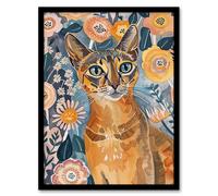 Cat Lover Abyssinian Floral Watercolour Folk Art Framed Wall Art Artery8 Orange A4