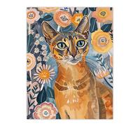 Artery8 Cat Lover Abyssinian Floral Watercolour Folk Art Wall Art Print in Orange | Size: W24" x H32" Artery8 Orange W24" x H32"
