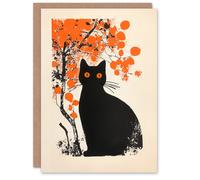 Artery8 Greeting Card Cat Lover Black Pet Under Autumn Orange Tree Blank For Him Or Her Art Halloween Card