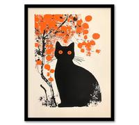 Artery8 Cat Lover Black Pet Under Autumn Orange Tree Living Room Artwork Framed Wall Art Print 18X24 Inch