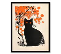 Artery8 Cat Lover Black Pet Under Autumn Orange Tree Wall Art Print - A4 Size