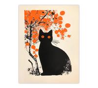 Artery8 Unframed Wall Art Cat Lover Black Pet Under Autumn Orange Tree - 12X16 Inch