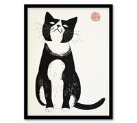 Artery8 Cat Lover Black White Pet Japanese Woodblock Living Room Artwork Framed Wall Art Print A4