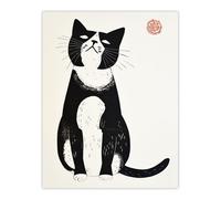 Cat Lover Black White Pet Japanese Woodblock Wall Art Print Artery8 White W12 inch x H16 inch