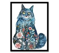 Artery8 Cat Lover Blue Maine Coon with Flower Pattern Fur Living Room Artwork Framed Wall Art Print 18X24 Inch