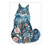 Artery8 Cat Lover Blue Maine Coon with Flower Pattern Fur Living Room Large Wall Art Poster Print Thick Paper 18X24 Inch