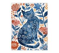 Artery8 Cat Lover Blue Red Floral Japanese Style Pattern Living Room Large Wall Art Poster Print Thick Paper 18X24 Inch
