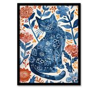 Artery8 Cat Lover Blue Red Floral Japanese Style Pattern Wall Art Print - A4 Size