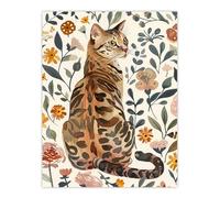 Cat Lover Curious Bengal in Autumn Wildflowers Wall Art Print Artery8 Multi W18 inch x H24 inch