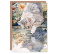 Artery8 Greeting Card Cat Lover Cute Kitten Pond Lake Watercolour For Her Woman Birthday Card