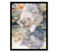 Artery8 Cat Lover Cute Kitten Pond Lake Watercolour Bathroom Toilet Artwork Framed Wall Art Print A4
