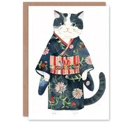 Artery8 Cat Lover Cute Pet in Blue Floral Japanese Kimono Blank For Him Or Her Art Birthday Card
