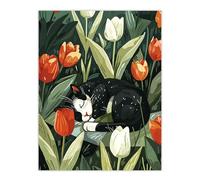Wall Art Print Cat Lover Cute Pet Sleeping in Tulip Flower Field Poster Artery8 Green W24 inch x H32 inch