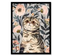 Cat Lover Cute Scottish Fold with Pink Poppies Framed Wall Art Artery8 Blue A4
