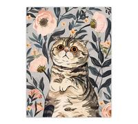 Artery8 Cat Lover Cute Scottish Fold with Pink Poppies Living Room Large Wall Art Poster Print Thick Paper 18X24 Inch