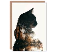 Artery8 Birthday Card Cat Lover Double Exposure Forest Lake Landscape Blank Arty Art All Occasion Greeting Card