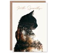 Artery8 Sympathy Card Cat Lover Double Exposure Forest Lake Landscape Blank Arty Art All Occasion Greeting Card