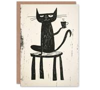 Artery8 Cat Lover Drinking Coffee Black Cartoon Birthday Card Artery8 Black