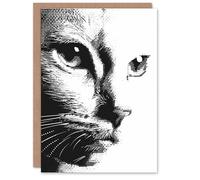 Artery8 Cat Lover Feline Black White Halftone Pop Art Blank For Him Or Her Art Birthday Card