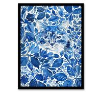 Artery8 Cat Lover Floral Blue China Pattern Watercolour Framed Wall Art | Size: A4 Artery8 Blue A4