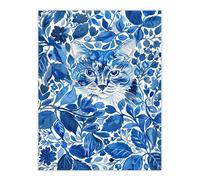 Artery8 Cat Lover Floral Blue China Pattern Watercolour Living Room Extra Large XL Wall Art Poster Print