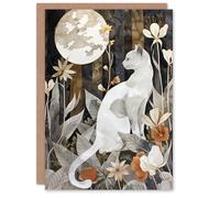 Artery8 Greeting Card Cat Lover Floral Forest Full Moon Watercolour Blank For Him Or Her Art Birthday Card