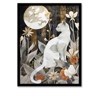 Artery8 Cat Lover Floral Forest Full Moon Watercolour Living Room Artwork Framed Wall Art Print A4