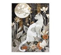 Artery8 Cat Lover Floral Forest Full Moon Watercolour Living Room Large Wall Art Poster Print Thick Paper 18X24 Inch