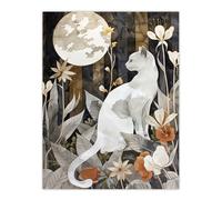 Cat Lover Floral Forest Full Moon Watercolour Wall Art Print Artery8 Grey W18 inch x H24 inch