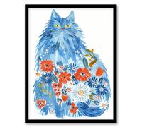 Cat Lover Folk Art Blue Maine Coon with Flowers Framed Wall Art Artery8 Blue A4