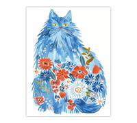 Artery8 Cat Lover Folk Art Blue Maine Coon with Flowers Living Room Large Wall Art Poster Print Thick Paper 18X24 Inch