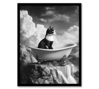 Artery8 Cat Lover Kitten Bathtub Waterfall Cliff Surreal Bathroom Toilet Artwork Framed Wall Art Print A4