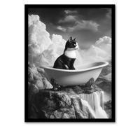 Artery8 Framed Wall Art Cat Lover Kitten Bathtub Waterfall Cliff Surreal Print - 12X16 Inch