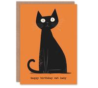 Artery8 Birthday Card Cat Lover Lady Mid Century Modern Black Pet Orange For Her Gran Sister Niece Daughter Wife Woman Greeting Card