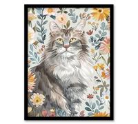 Cat Lover Maine Coon Boho Floral Pet Portrait Framed Wall Art Artery8 Multi A4
