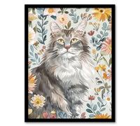 Artery8 Cat Lover Maine Coon Boho Floral Pet Portrait Framed Wall Art | Size: A4 Artery8 Multicolor A4