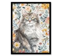 Artery8 Cat Lover Maine Coon Boho Floral Pet Portrait Framed Wall Art | Size: A4 Artery8 Multicolor A4