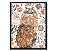 Artery8 Cat Lover Maine Coon Folk Art Floral Watercolour Living Room Artwork Framed Wall Art Print A4