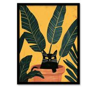 Artery8 Cat Lover Mischievous Pet in Tropical Plant Pot Living Room Artwork Framed Wall Art Print A4