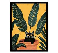 Artery8 Cat Lover Mischievous Pet in Tropical Plant Pot Living Room Artwork Framed Wall Art Print 18X24 Inch