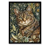 Artery8 Cat Lover Moggie Pet Hiding in Wildflower Field Framed Wall Art in Green | Size: A4 Artery8 Green A4