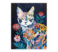 Artery8 Cat Lover Ocicat Trippy Floral Pattern Painting Wall Art Print | Size: W12" x H16" Artery8 Multicolor W12" x H16"