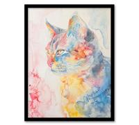 Artery8 Cat Lover Pastel Rainbow Watercolour Portrait Living Room Artwork Framed Wall Art Print A4