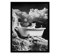 Artery8 Cat Lover Pet Bathtub on Mountain Cliff Surreal Bathroom Toilet Artwork Framed Wall Art Print 18X24 Inch