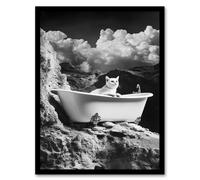 Artery8 Cat Lover Pet Bathtub on Mountain Cliff Surreal Framed Art Print in Grey | Size: A4 Artery8 Grey A4