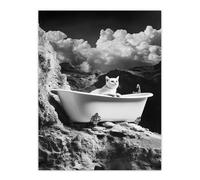 Artery8 Cat Lover Pet Bathtub on Mountain Cliff Surreal Wall Art Print in Grey | Size: W24" x H32" Artery8 Grey W24" x H32"