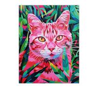 Artery8 Cat Lover Pet in Fronds Psychedelic Pink Green For Living Room Extra Large XL Wall Art Poster Print