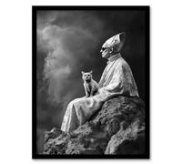 Artery8 Cat Lover Pope Sunglasses Black White Surreal Framed Art Print in Grey | Size: A4 Artery8 Grey A4