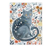 Artery8 Cat Lover Russian Blue with Bright Wildflowers Living Room Large Wall Art Poster Print Thick Paper 18X24 Inch