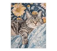 Artery8 Cat Lover Tabby Moggie Elegant Floral Portrait Living Room Large Wall Art Poster Print Thick Paper 18X24 Inch